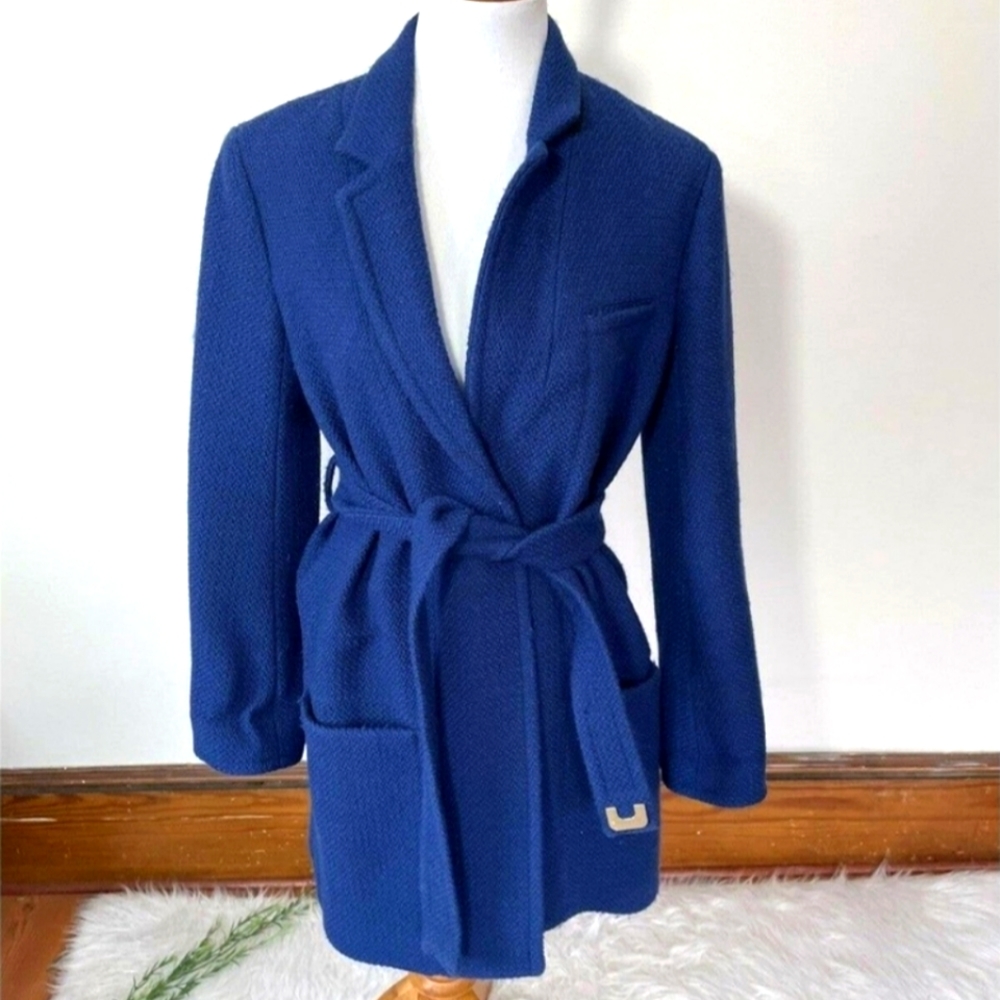 DVF Diane Von Furstenberg Wool Blue Tweed Wrap Coat